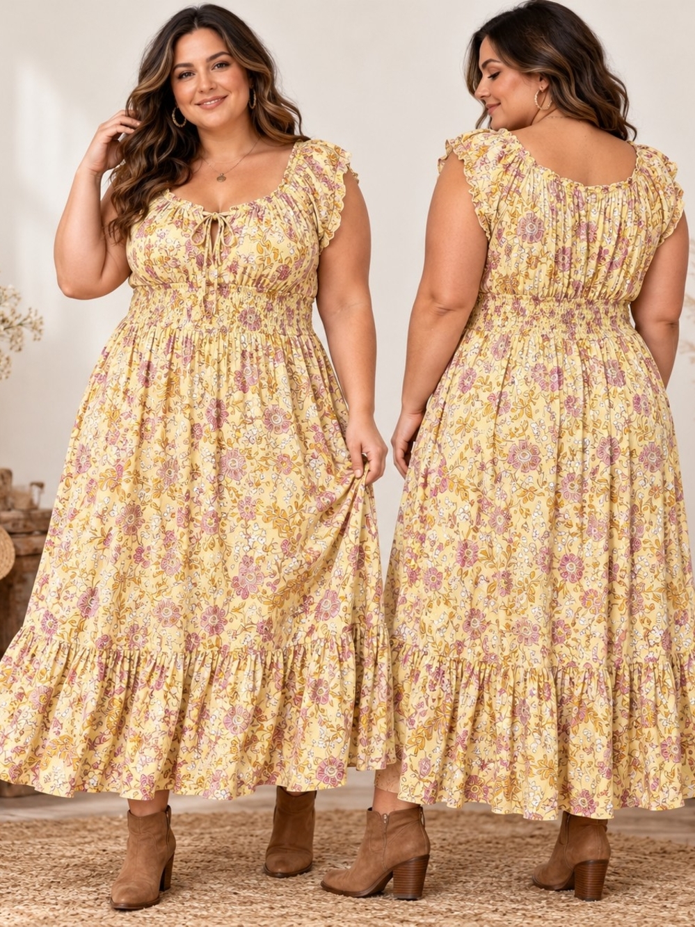 Old Navy 3X Floral Prairie Cottagecore Boho Smocked Maxi Dress Yellow